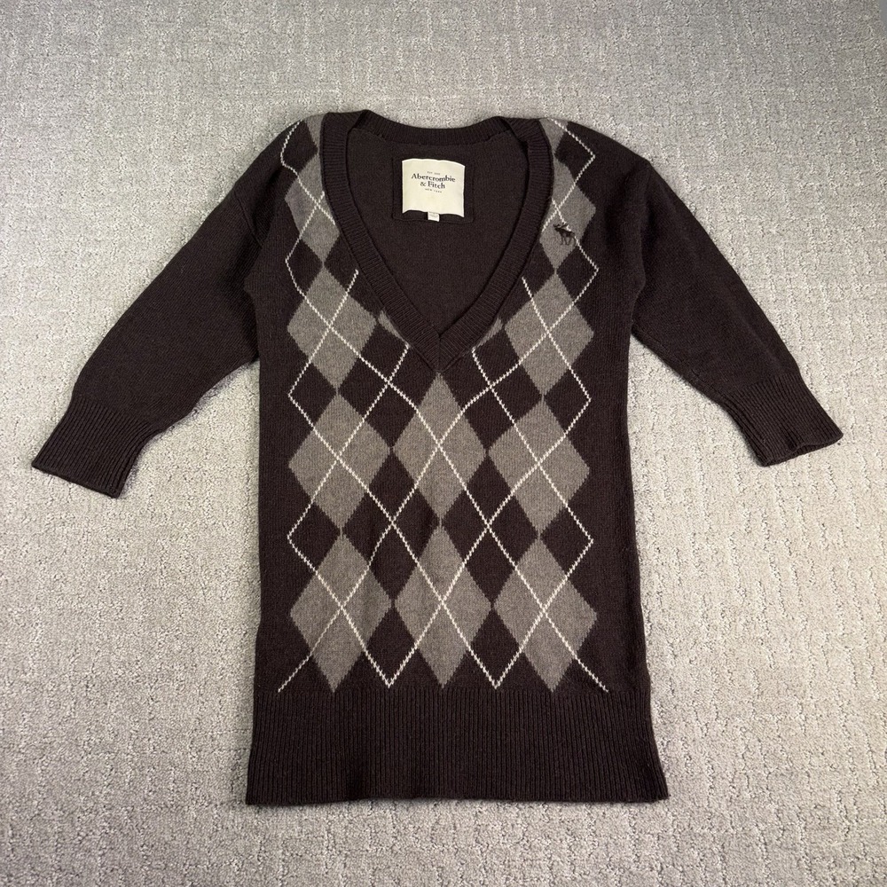 VTG Abercrombie & Fitch Women Y2K Brown Argyle V-Neck 3/4 Sleeve Knit S Wool